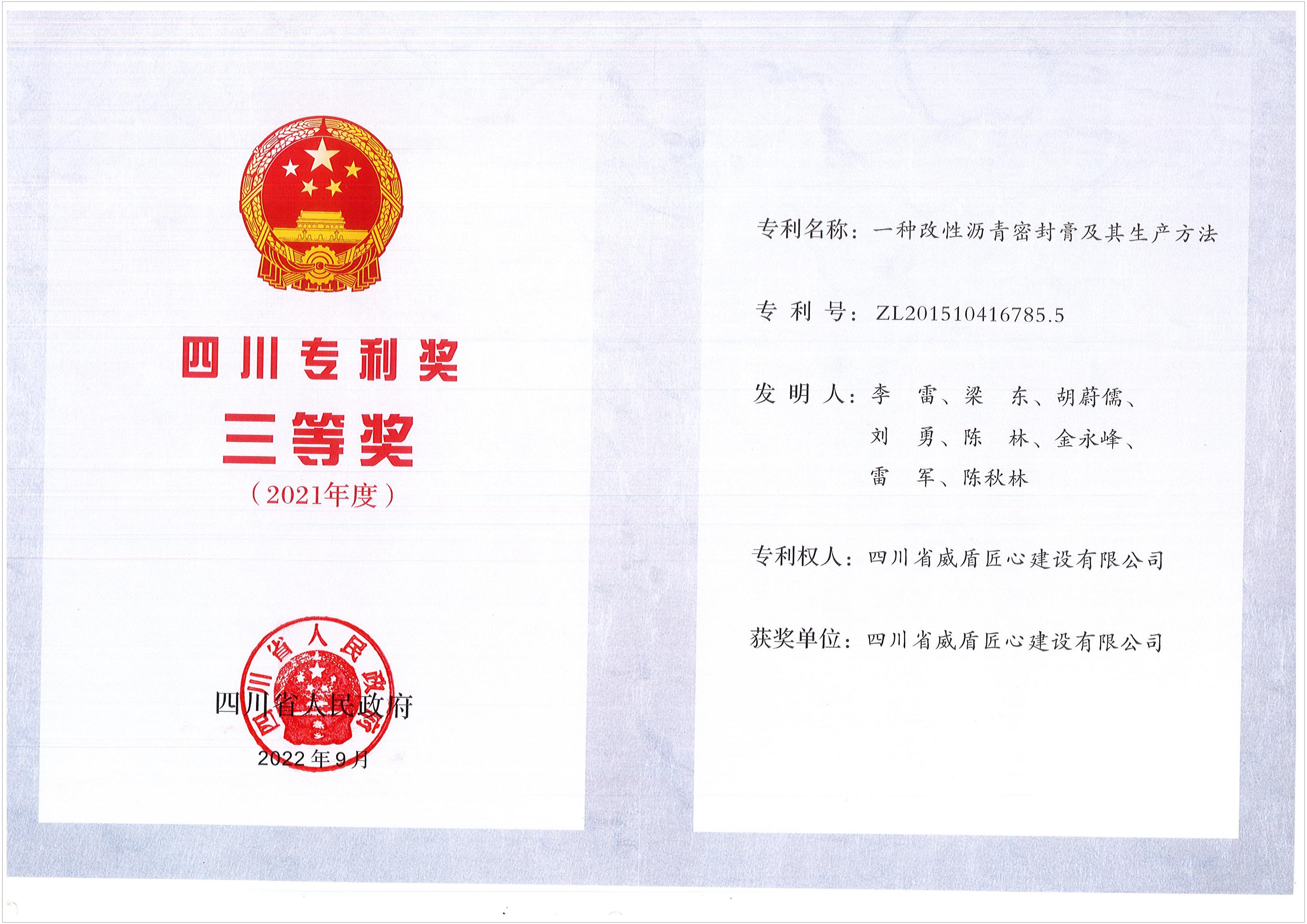 Sichuan Patent Award &mdash; Third Prize